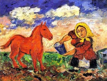 150の主題の芸術作品 Painting - 子供向けの農民と馬 1910